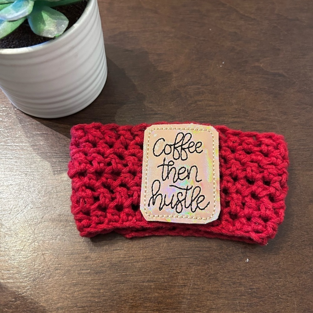 Handmade crochet coffee cup cozy.​